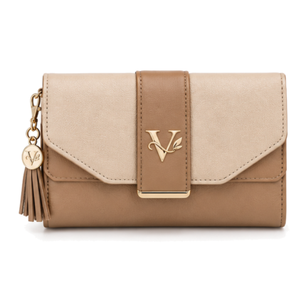 Voticon Tassel Flap Wallet – Beige & Tan Vegan Leather Purse with Gold V Clasp