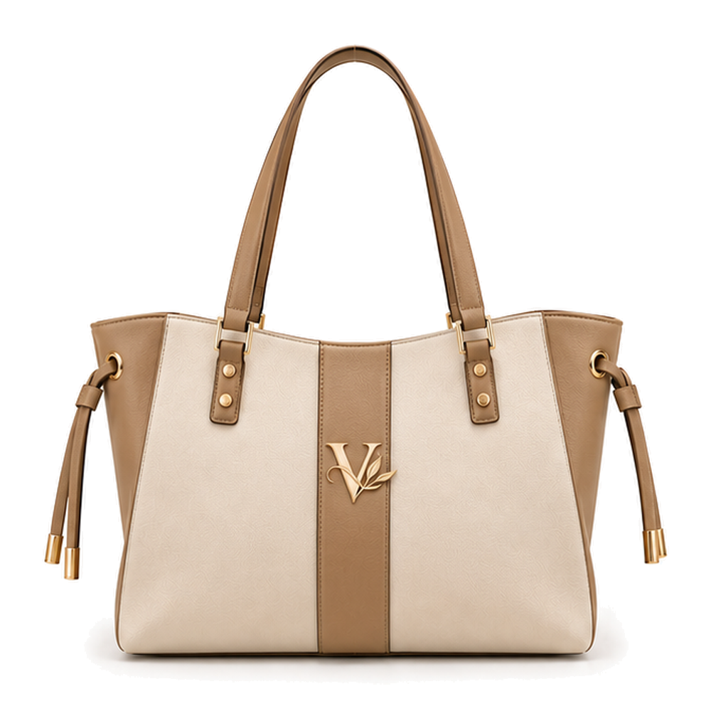 11_1 Voticon Two-Tone Drawstring Tote Bag – Cream & Tan with Gold Tipped Ties - Image 1
