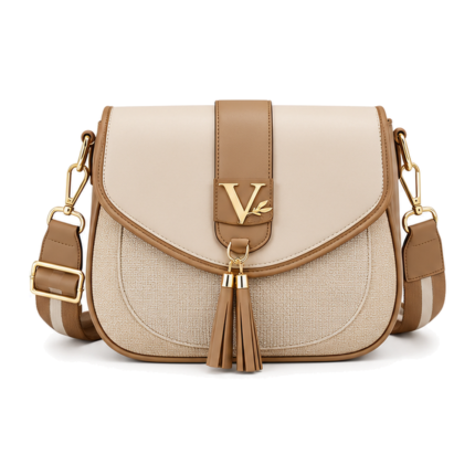 Voticon Tassel Saddle Crossbody Bag – Canvas & Tan with Striped Strap