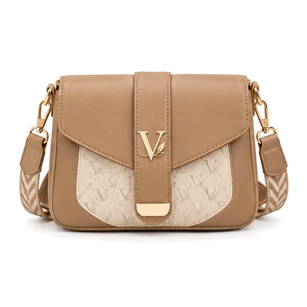 13_1 Voticon Monogram Envelope Crossbody Bag – Tan with Chevron Strap - Image 1