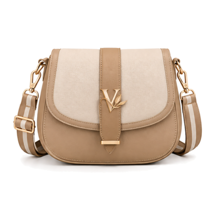 Voticon Canvas Flap Saddle Crossbody Bag – Tan & Cream with Striped Strap